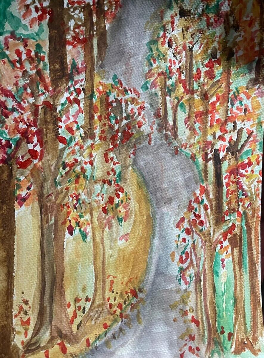 Watercolor of a winding grey path through tall trees with red, orange and gold autumn leaves, by Barbara Ballard