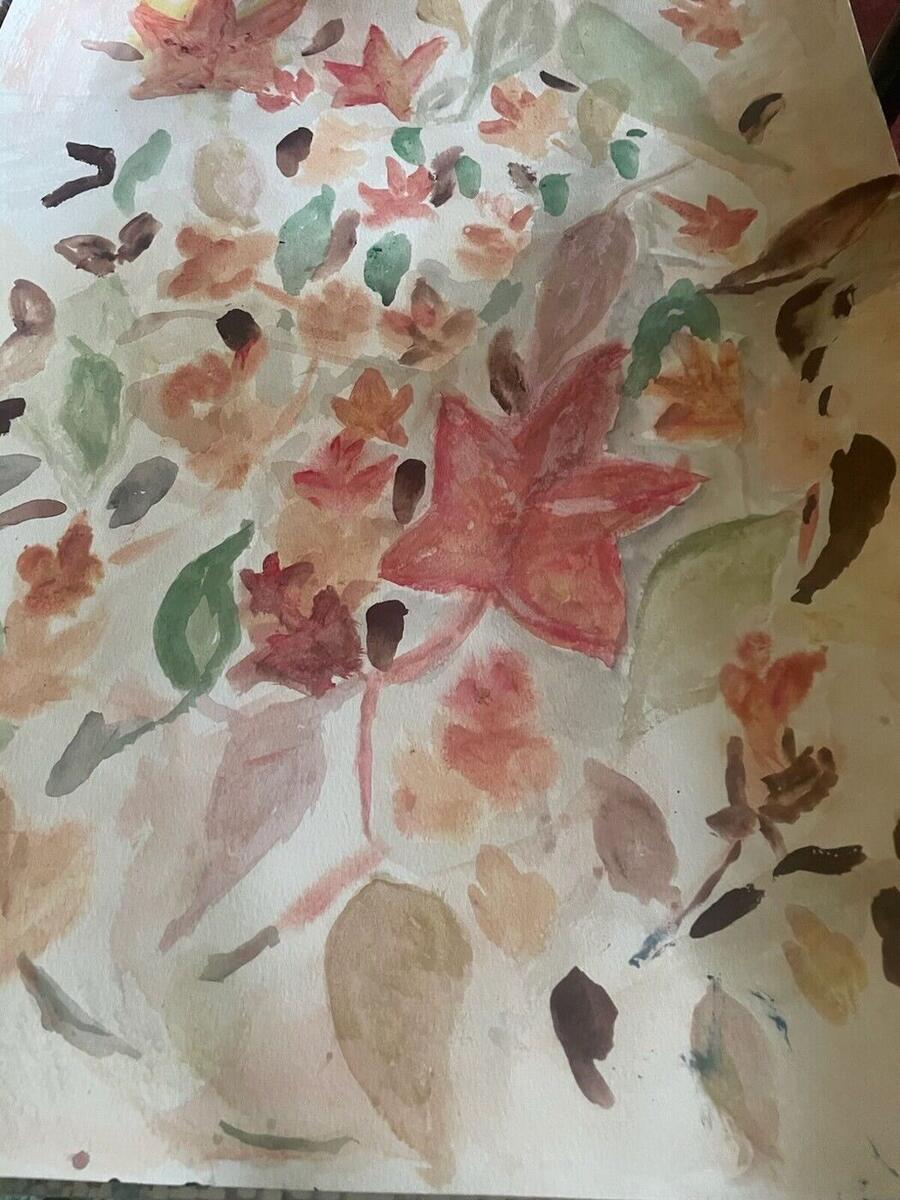 Watercolor of loose leaves and small flowers in rust, coral, sage green and brown scattered around a large red star-shaped bloom, by Barbara Ballard
