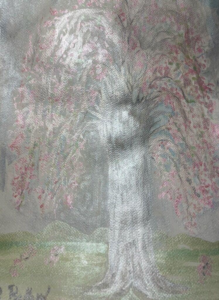 Painting of a pale silvery tree with weeping branches covered in pink blossoms above soft green hills, signed B. Ballard in the lower left, by Barbara Ballard