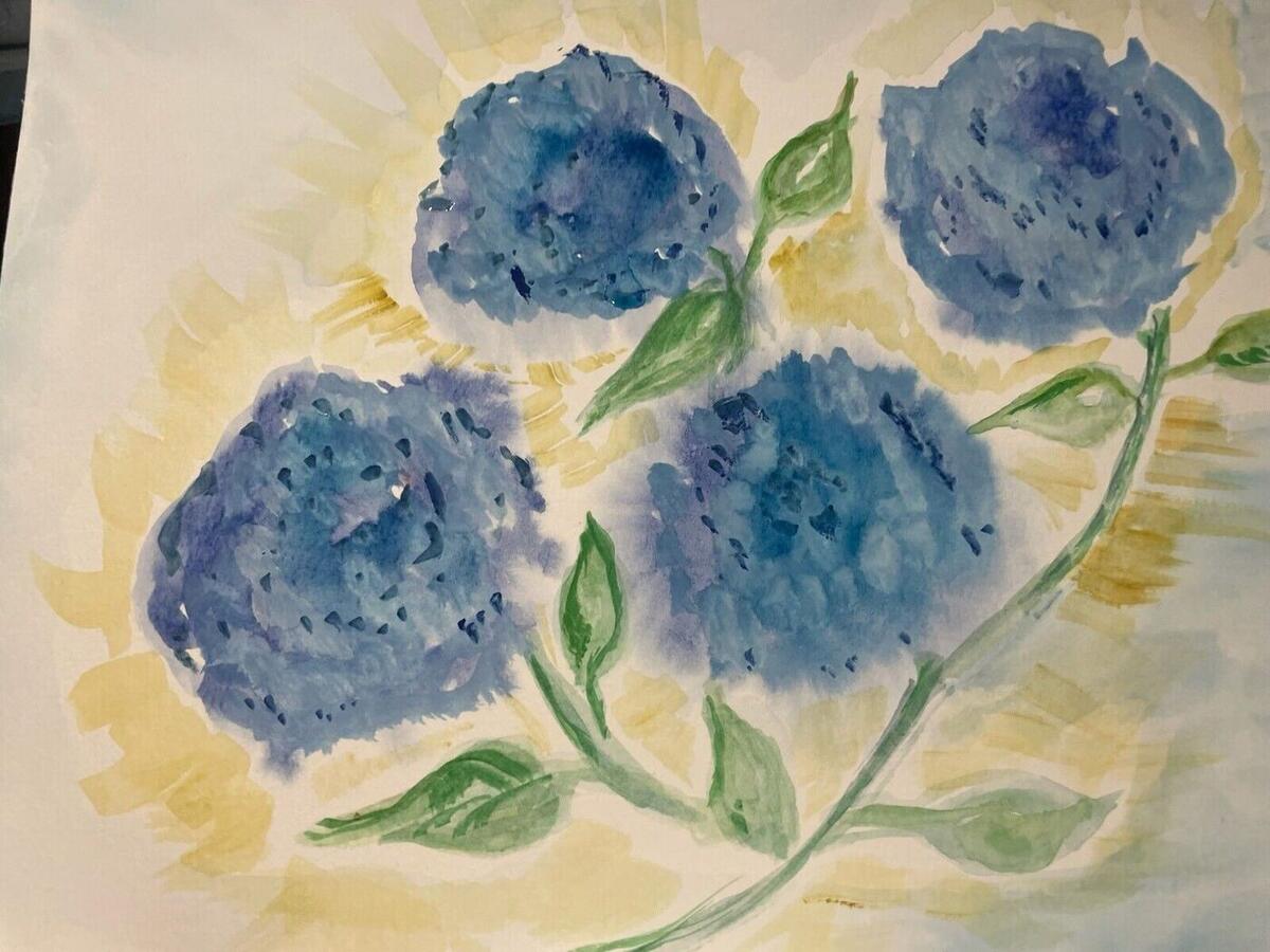 Watercolor of four blue and violet hydrangea blooms on green stems against pale yellow brushstrokes, by Barbara Ballard