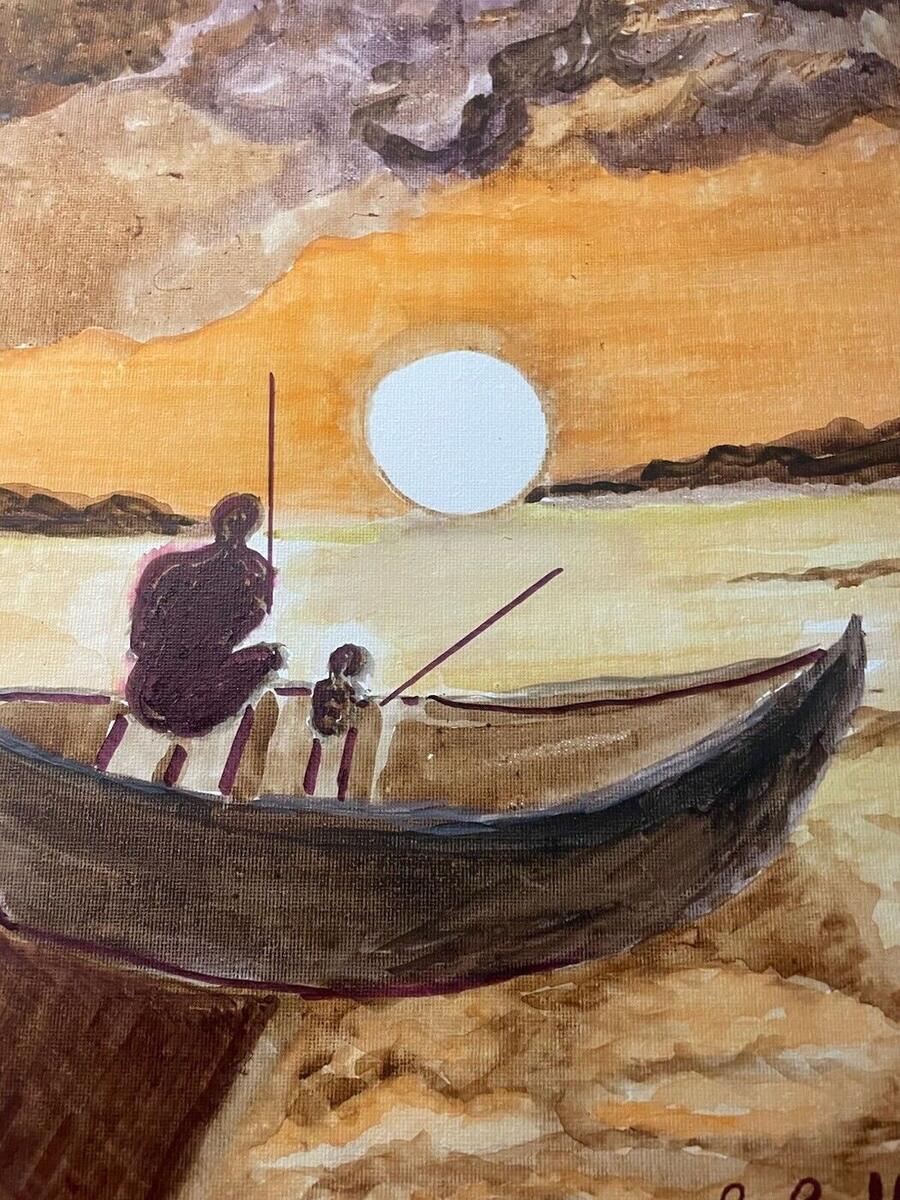 Watercolor of two figures fishing from a wooden boat beneath a large pale sun, with an orange sky, purple clouds and golden water, by Barbara Ballard