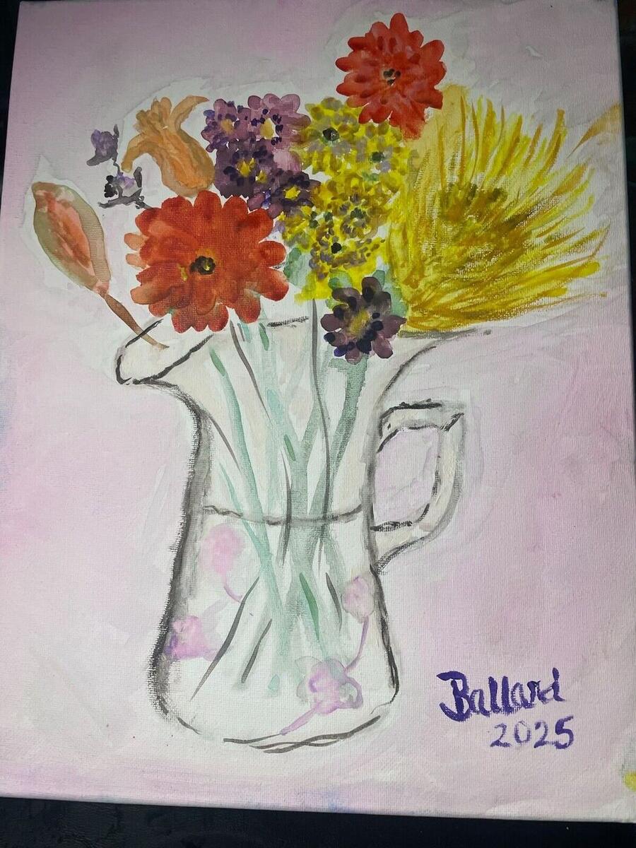 Watercolor of a bouquet of orange, yellow and purple flowers in a clear glass pitcher on a soft pink background, signed Ballard 2025, by Barbara Ballard