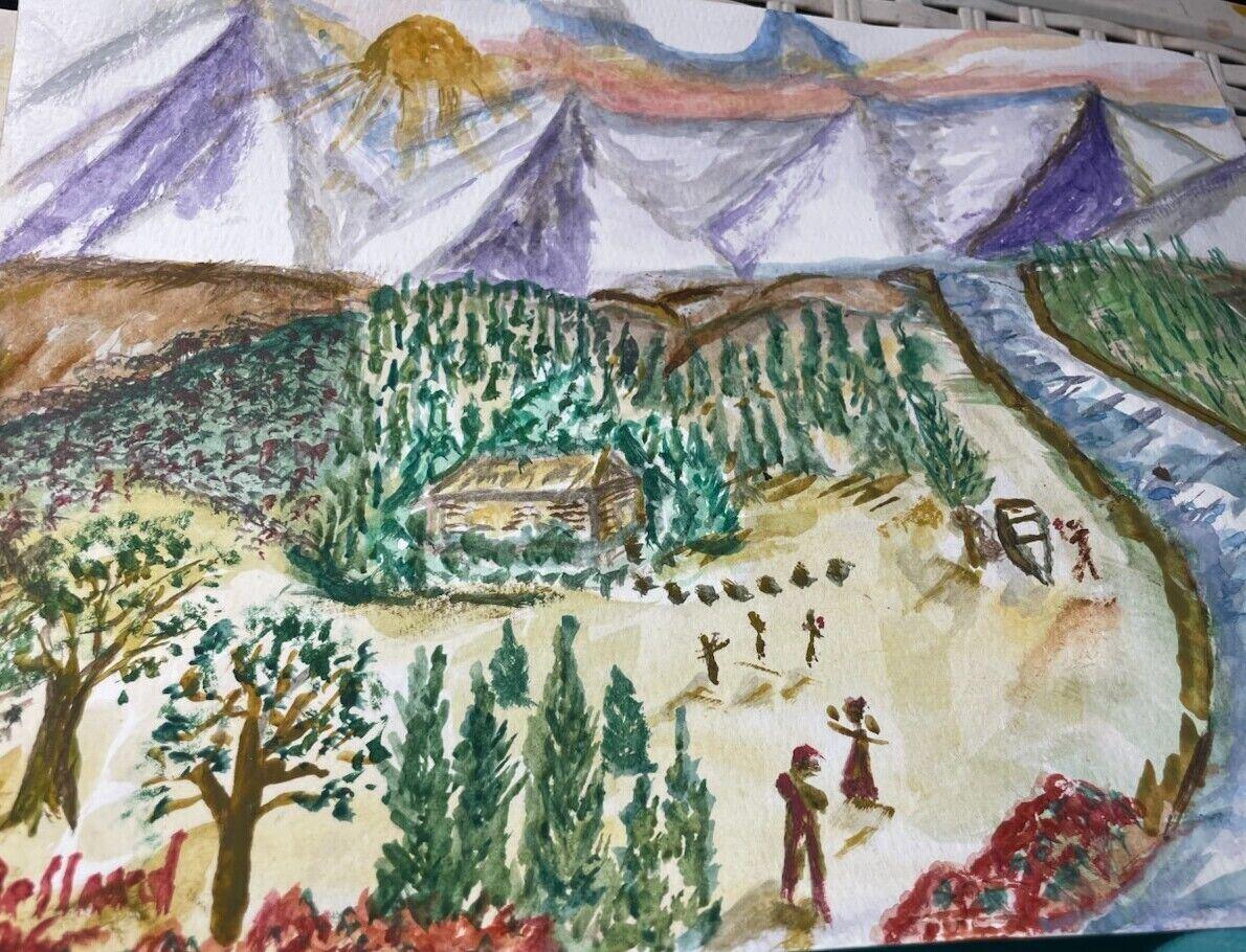Watercolor of a log cabin among evergreen trees in a valley, with purple mountains, a golden sun, a winding river and small figures in a field, signed Ballard, by Barbara Ballard