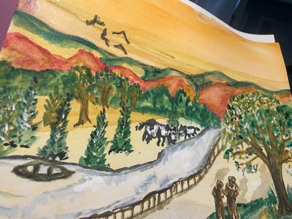 Watercolor of black-and-white cattle walking along a winding road with a wooden fence, evergreen trees, red and green hills, birds in a golden sky and two figures under a tree, by Barbara Ballard