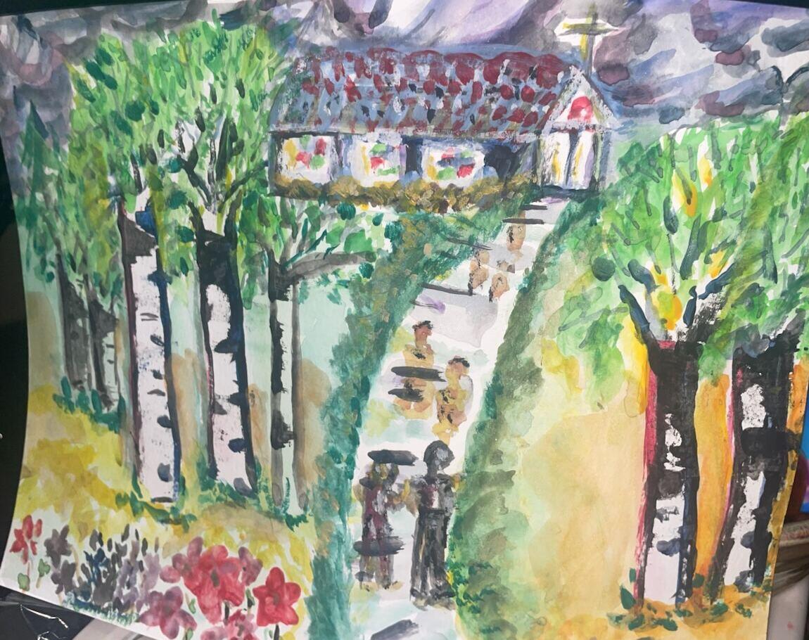 Watercolor of a path between white birch trees leading up to a red-roofed church with a cross, with small figures walking and red flowers in the foreground, by Barbara Ballard