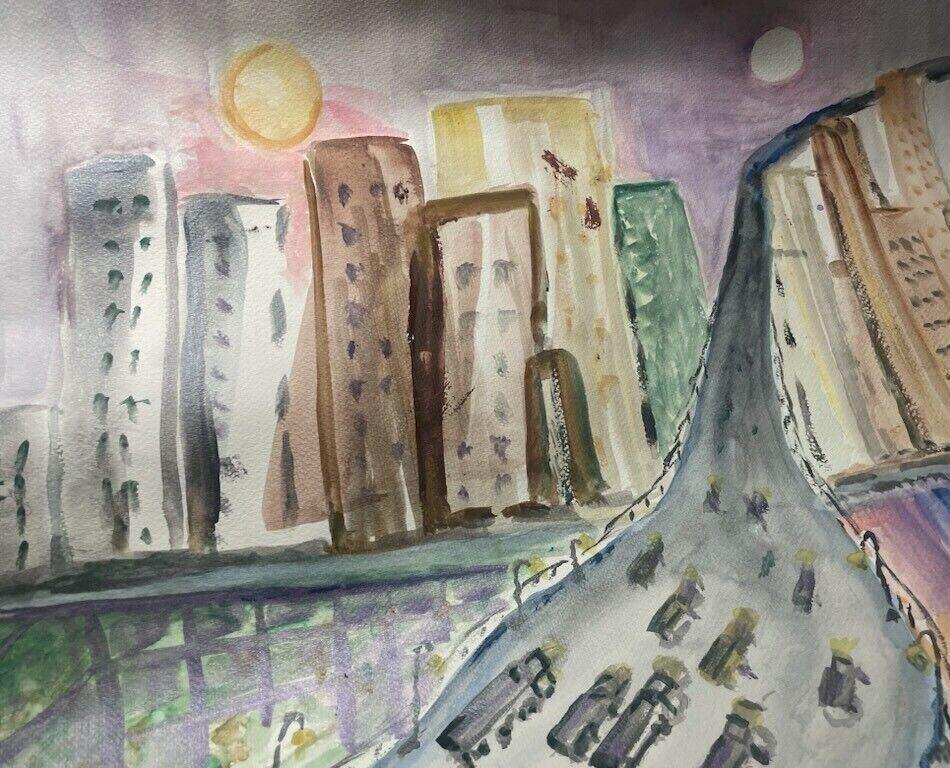 Watercolor of a city skyline of grey, brown, yellow and green buildings under a pale sun and moon, with a curving road of small cars, by Barbara Ballard