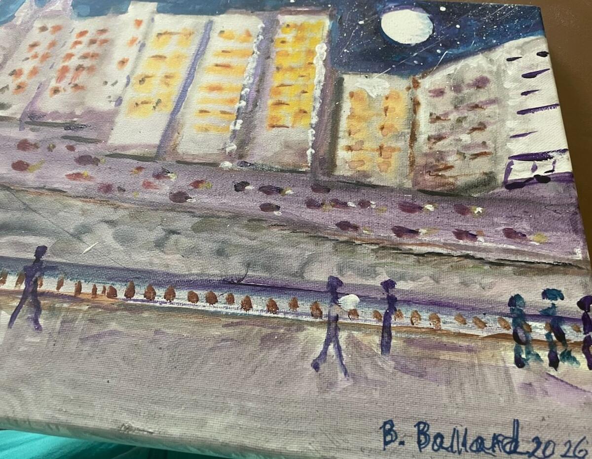 Watercolor of tall buildings with glowing yellow windows under a full moon and starry sky, with small figures walking along a lavender street, signed B. Ballard 2026, by Barbara Ballard