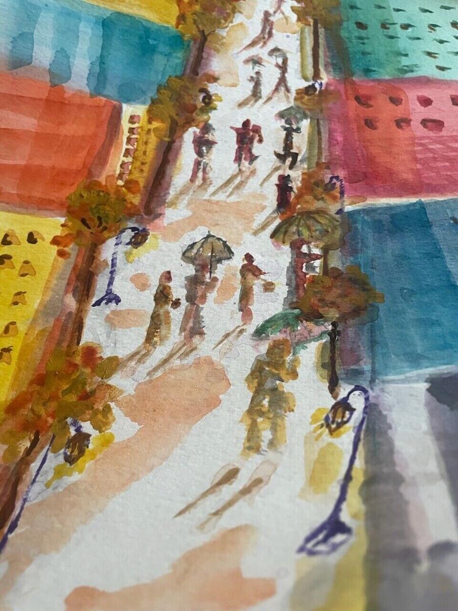 Watercolor of people with umbrellas walking down a city street lined with autumn trees and lamp posts between orange, yellow, teal and pink buildings, by Barbara Ballard