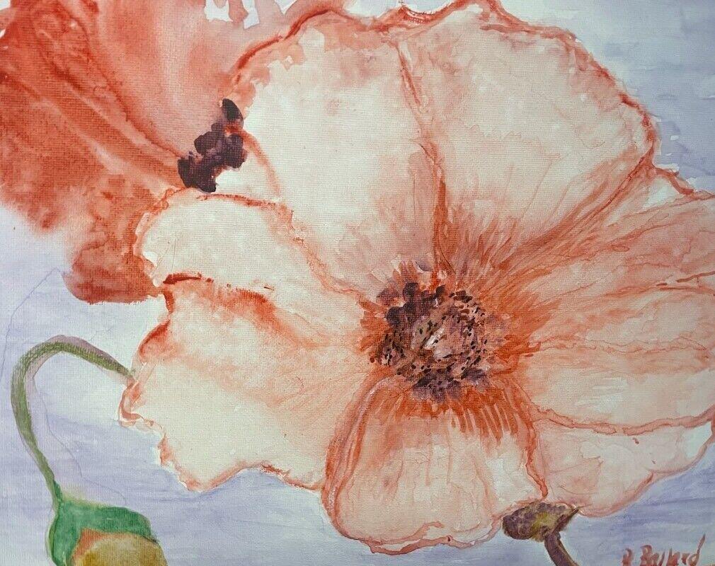 Watercolor of two large coral-orange poppies with dark centers and a green bud on a pale lavender background, signed B. Ballard 2026, by Barbara Ballard