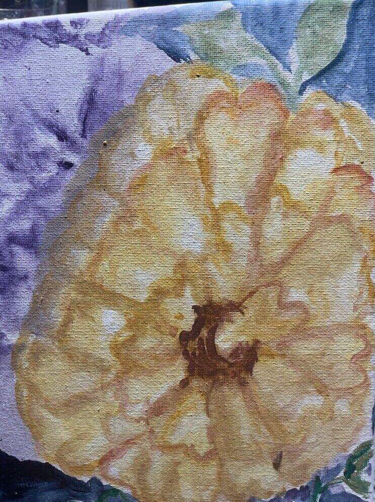 Watercolor on canvas of a large cream and apricot flower with a brown center against violet and blue, by Barbara Ballard
