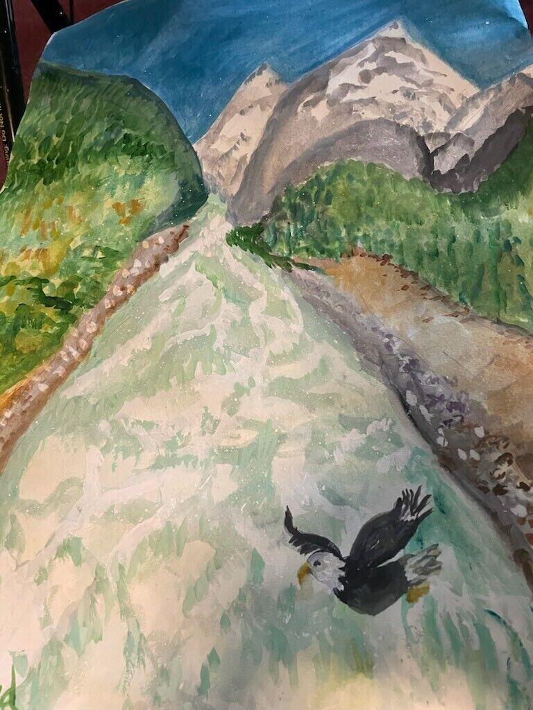 Watercolor of a bald eagle flying over a winding green river between forested banks, with snow-capped mountains and a blue sky, by Barbara Ballard