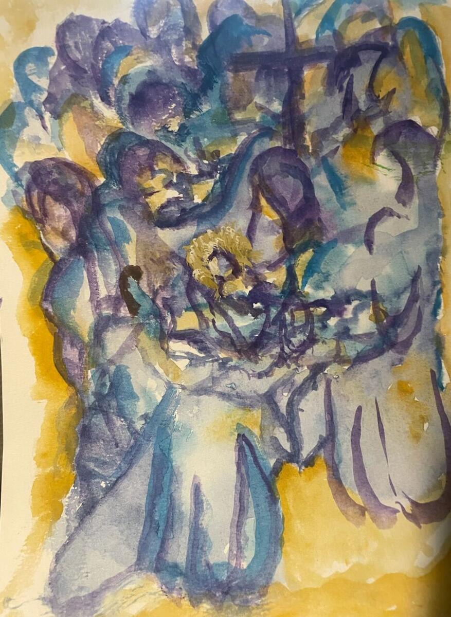 Loosely painted watercolor of figures in blue and violet gathered beneath a cross around a golden halo, on a yellow background, by Barbara Ballard