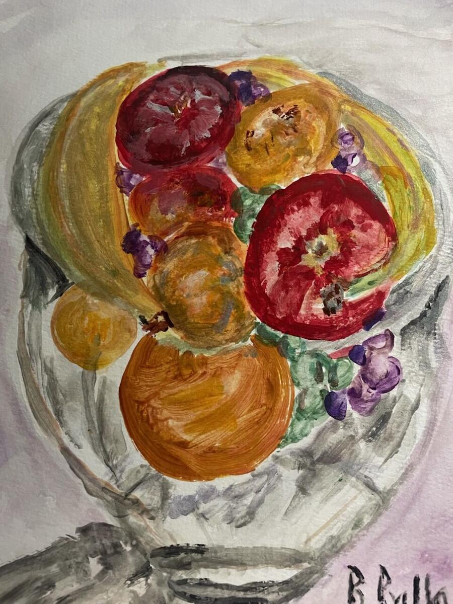 Watercolor of red apples, oranges, a banana and purple grapes in a glass bowl, signed by the artist, by Barbara Ballard