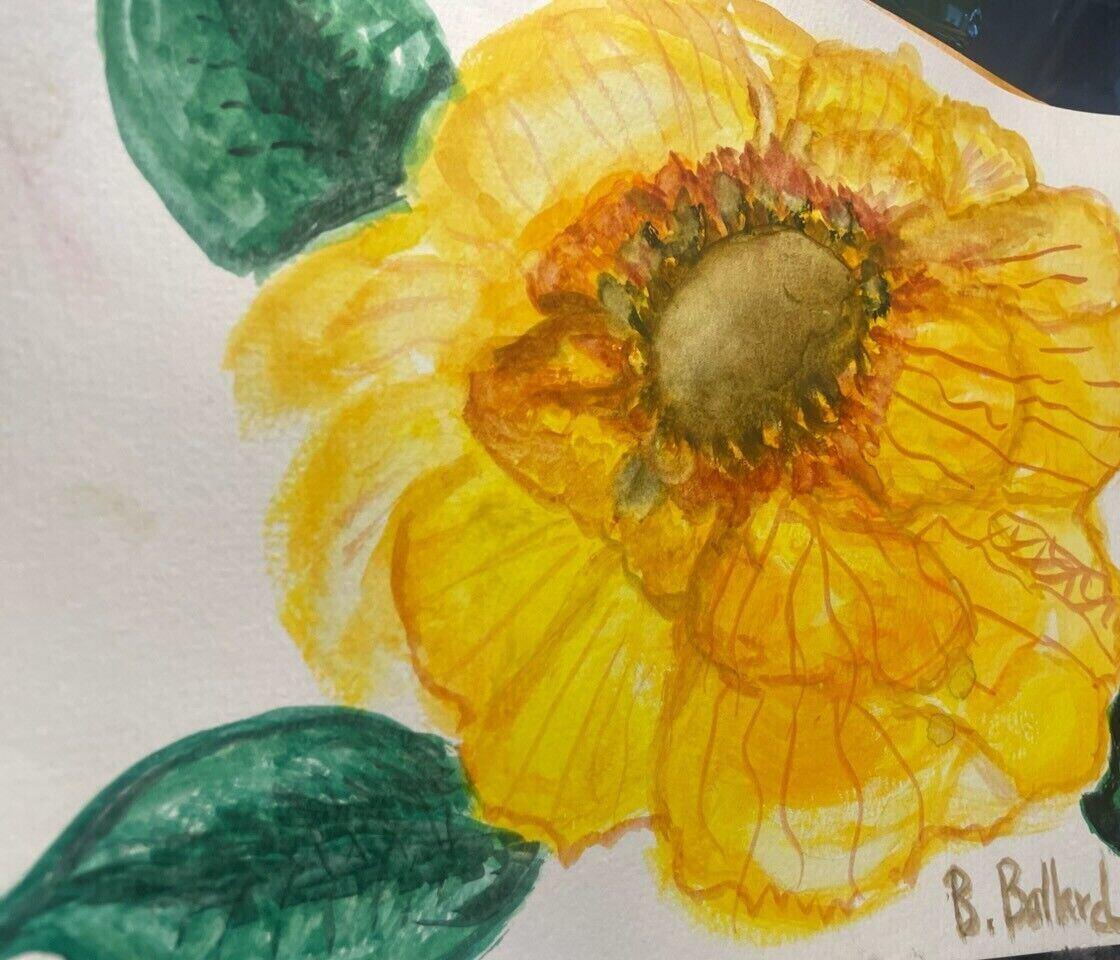 Watercolor of a large golden yellow flower with an olive-brown center and orange petal lines, between dark green leaves, signed B. Ballard, by Barbara Ballard