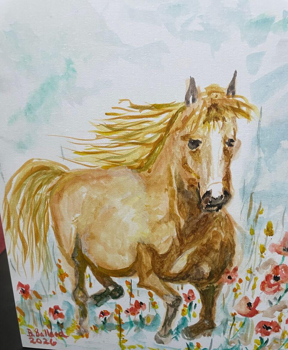Watercolor of a golden palomino horse with a flowing blond mane trotting through red poppies under a pale blue sky, by Barbara Ballard