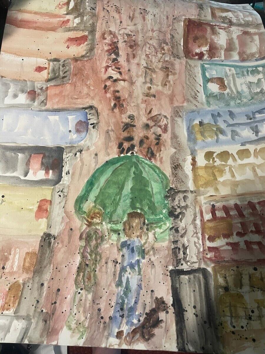 Watercolor of two people under a green umbrella with a small brown dog on a rainy street between brick and slate-colored buildings, with dark spatter like rain, by Barbara Ballard