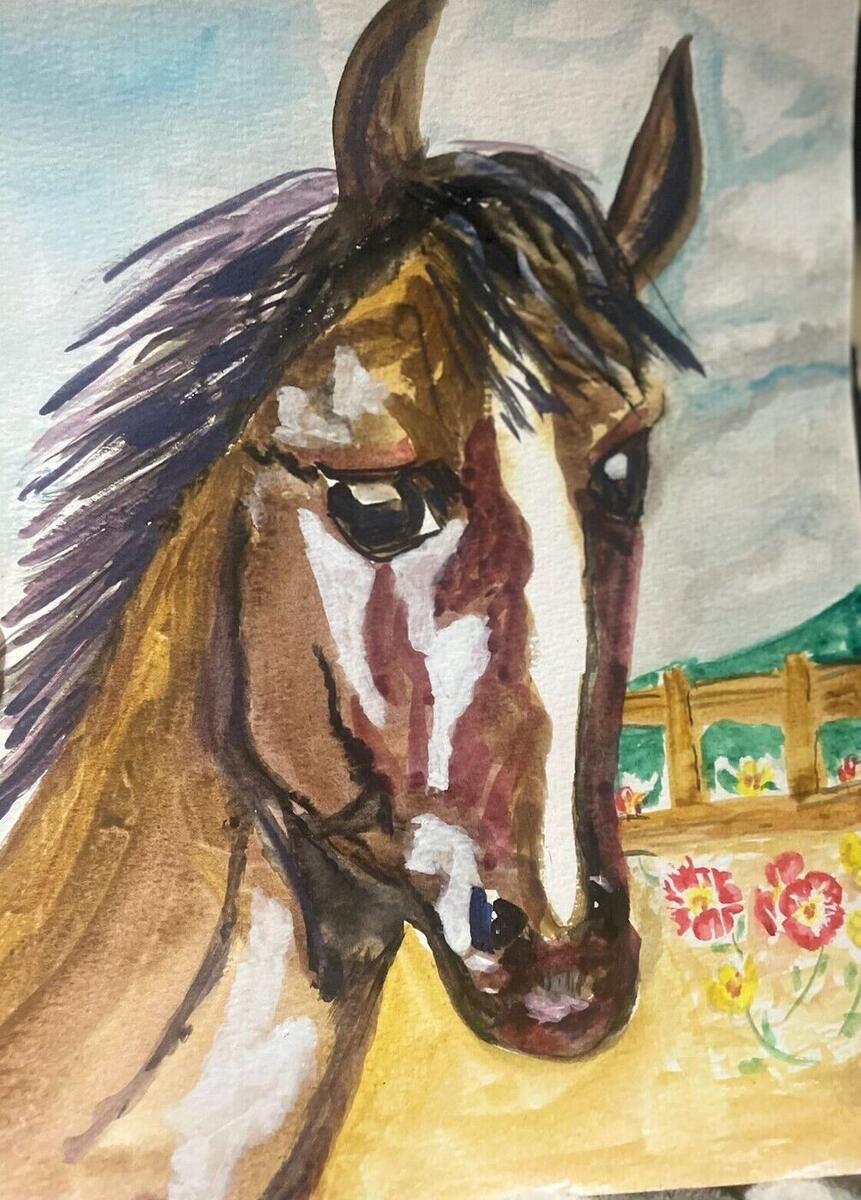 Watercolor portrait of a brown horse with a white blaze and dark flowing mane, beside a wooden fence and red and yellow flowers, by Barbara Ballard