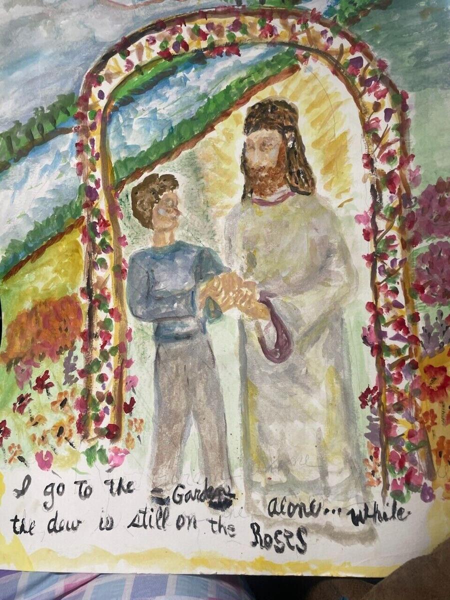 Watercolor of a person in a blue sweater walking arm in arm with a bearded, robed figure in golden light beneath an arch of roses, with the hand-lettered words “I go to the garden alone… while the dew is still on the roses”, by Barbara Ballard