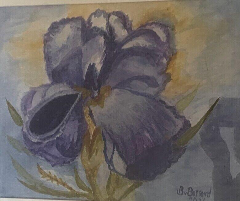 Watercolor of a deep purple iris with ruffled petals against a blue-grey and ochre background, signed B. Ballard 2026, by Barbara Ballard