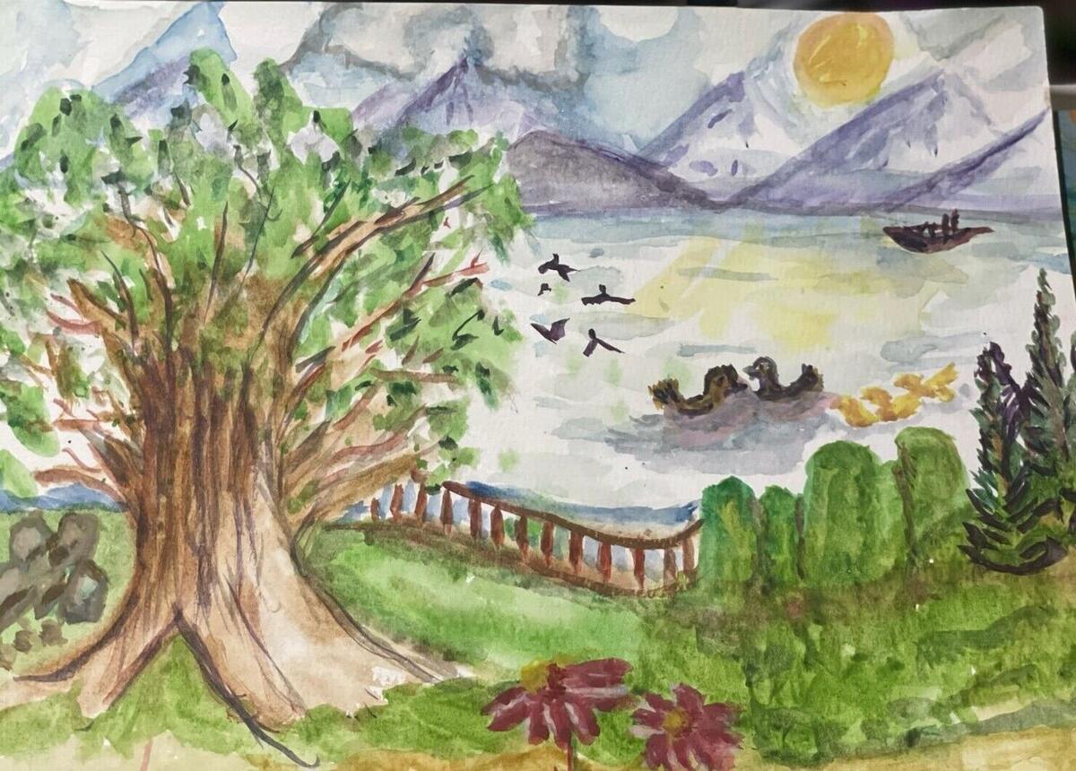 Watercolor of a large old tree beside a wooden fence overlooking a lake with ducks, a boat and birds, with violet mountains and a yellow sun, by Barbara Ballard