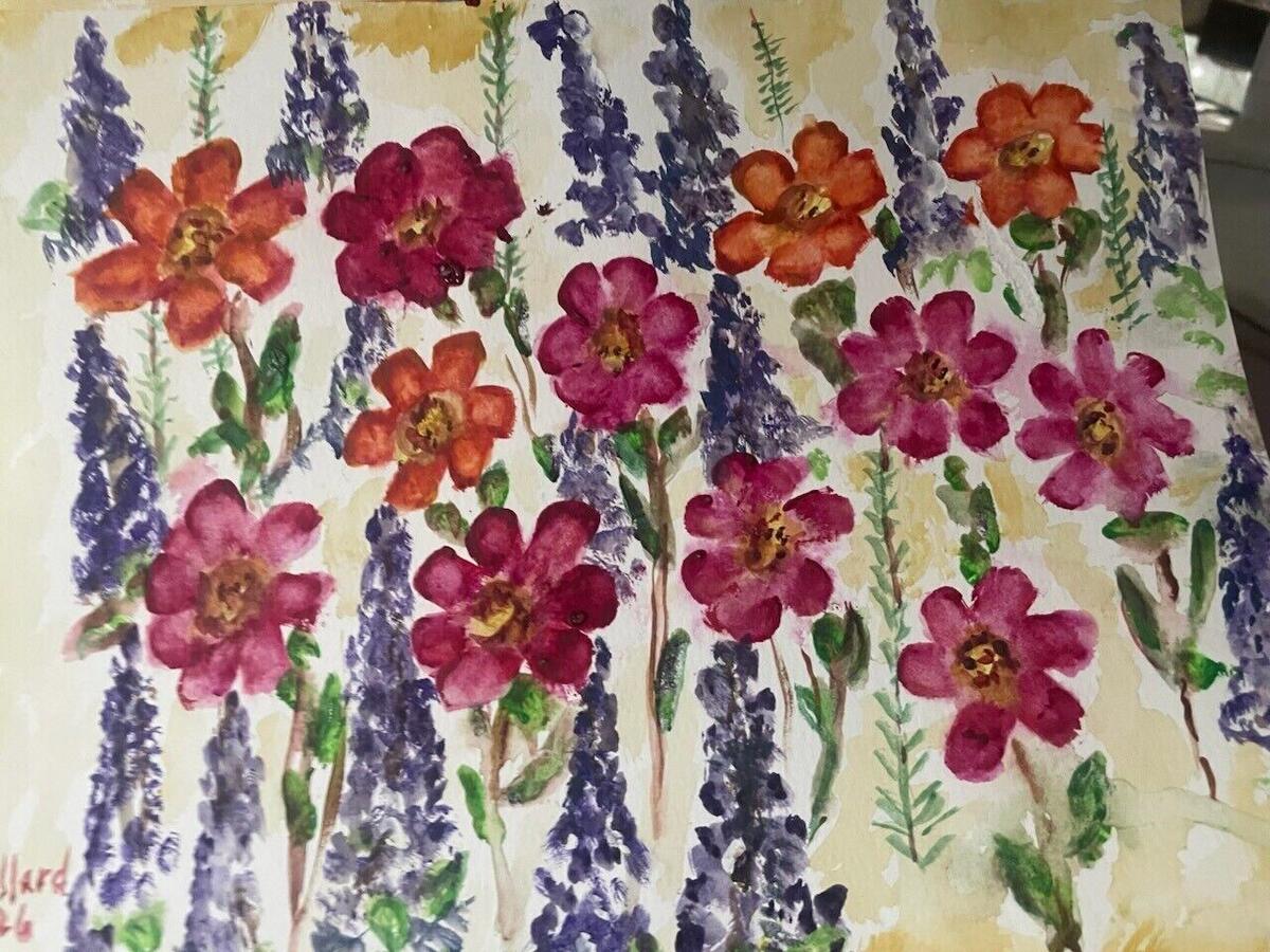 Watercolor of tall violet lupines among magenta and orange flowers on a warm yellow background, signed by the artist, by Barbara Ballard