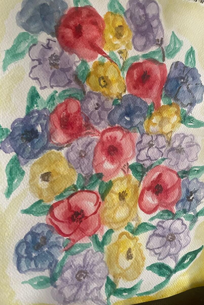 Watercolor of a dense bouquet of red, yellow, violet and blue flowers with small green leaves on a pale yellow background, by Barbara Ballard
