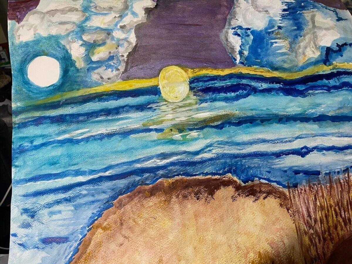 Watercolor of a white moon and a yellow sun above deep blue waves, with white and purple clouds and a sandy shore with tall grass, by Barbara Ballard