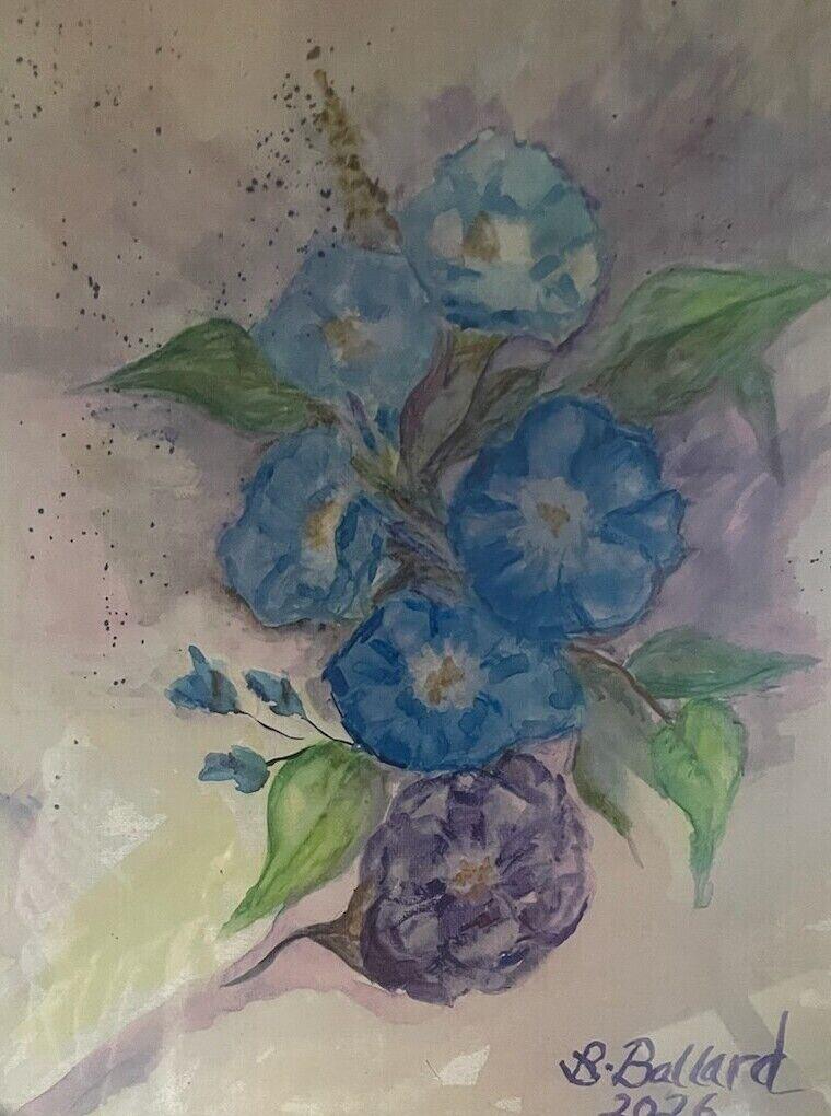 Watercolor of blue morning glories and one purple flower with green leaves on a soft lavender background with paint spatter, signed B. Ballard 2026, by Barbara Ballard