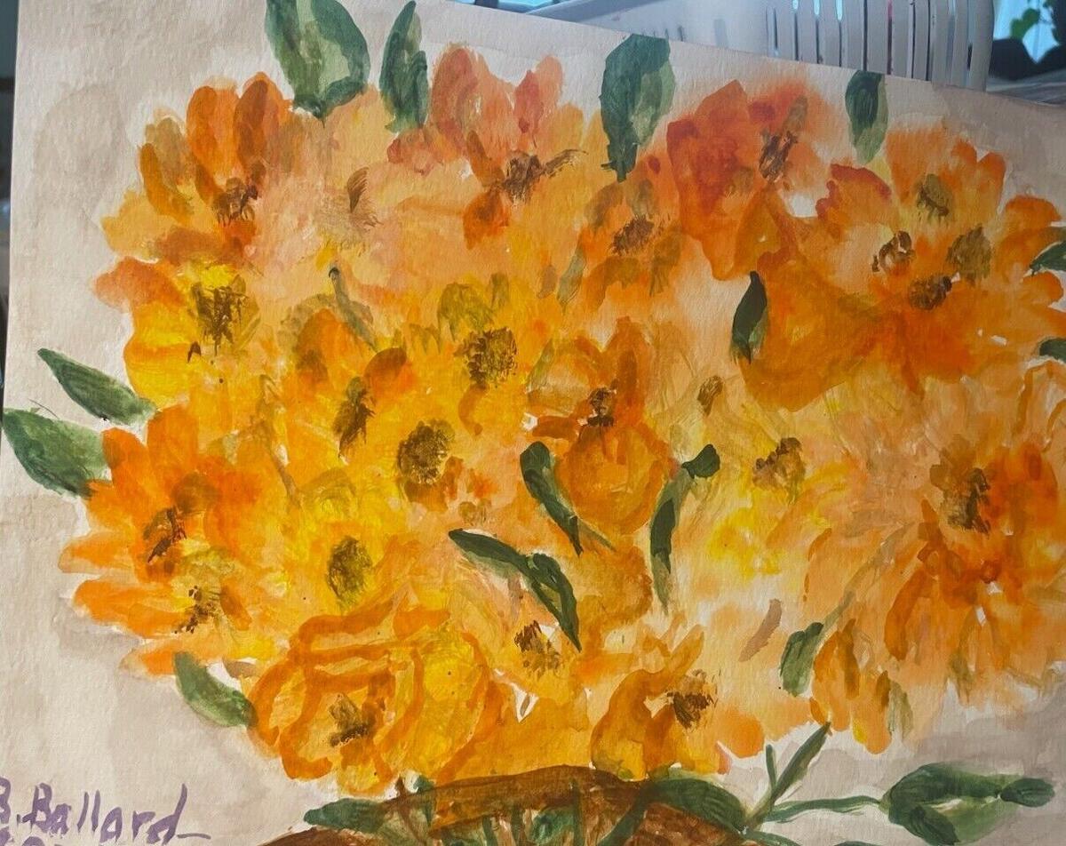 Watercolor of a dense bouquet of orange and golden yellow flowers with green leaves above a brown basket, signed B. Ballard, by Barbara Ballard