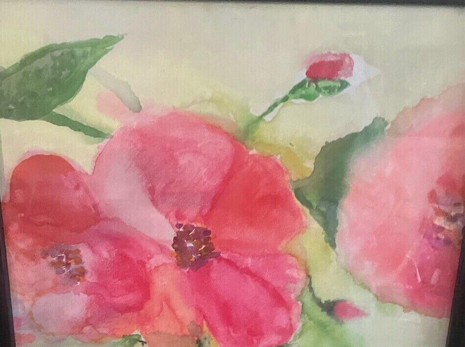 Watercolor of bright pink hibiscus flowers and red buds on a pale yellow-green background, by Barbara Ballard
