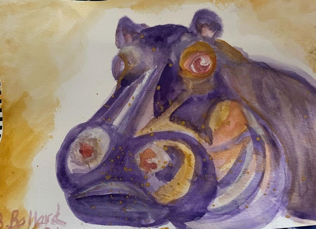 Watercolor of a hippo's head painted in purple with golden highlights and speckles on a warm ochre background, signed B. Ballard, by Barbara Ballard