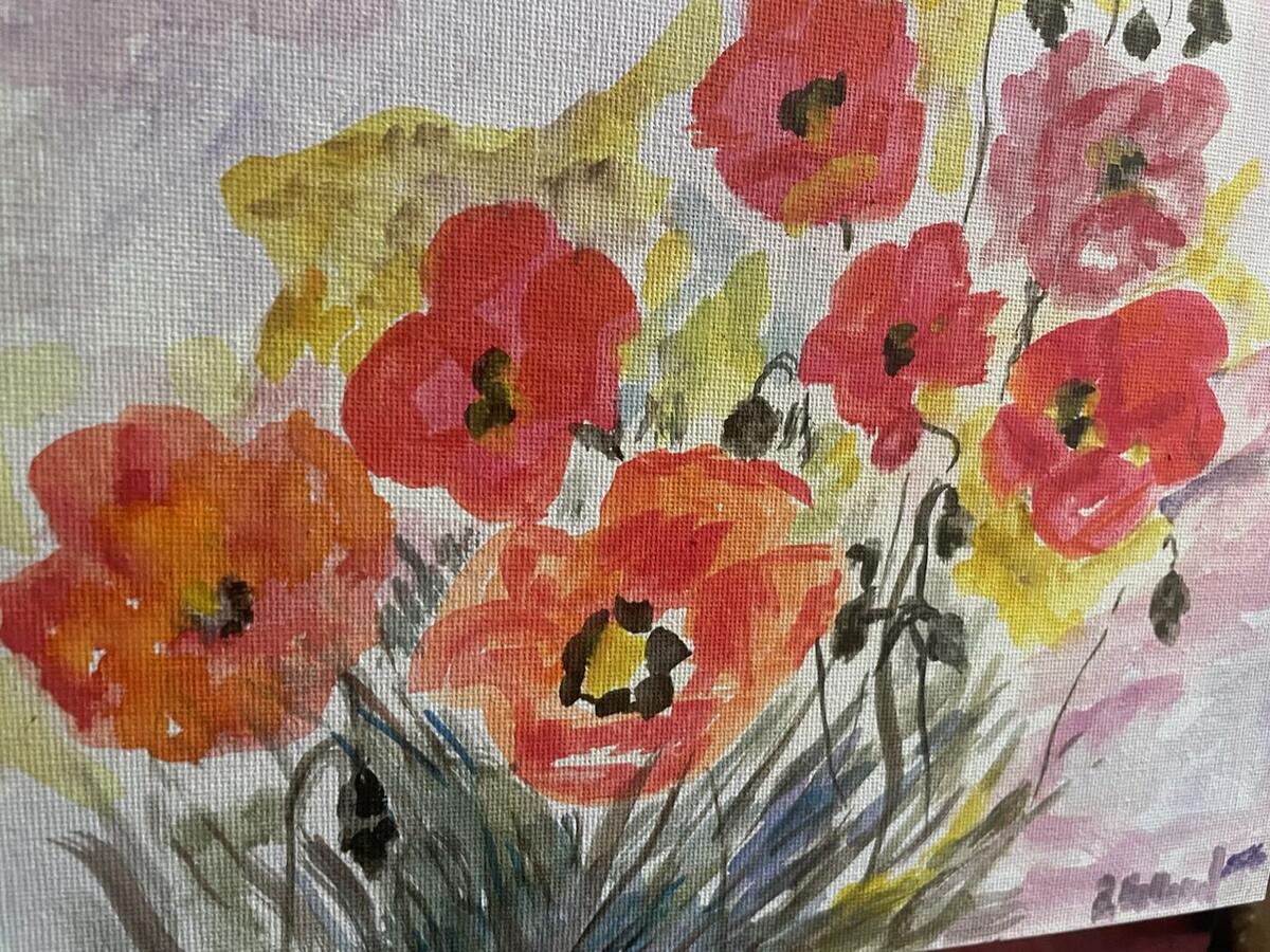 Watercolor of red, orange and pink poppies with dark centers on tall stems over grass, against a yellow and lavender background, signed by the artist, by Barbara Ballard