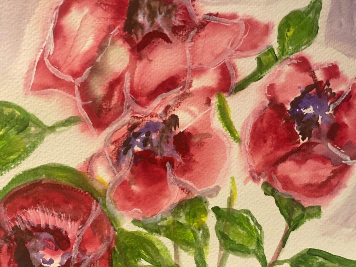 Watercolor of large deep-red blossoms with violet centers, white outlines and green leaves on textured paper, by Barbara Ballard