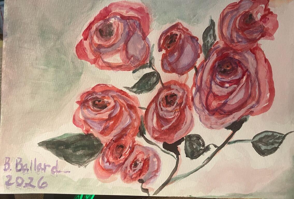 Watercolor of a spray of deep red roses with dark green leaves on a soft grey-green background, signed B. Ballard 2026, by Barbara Ballard