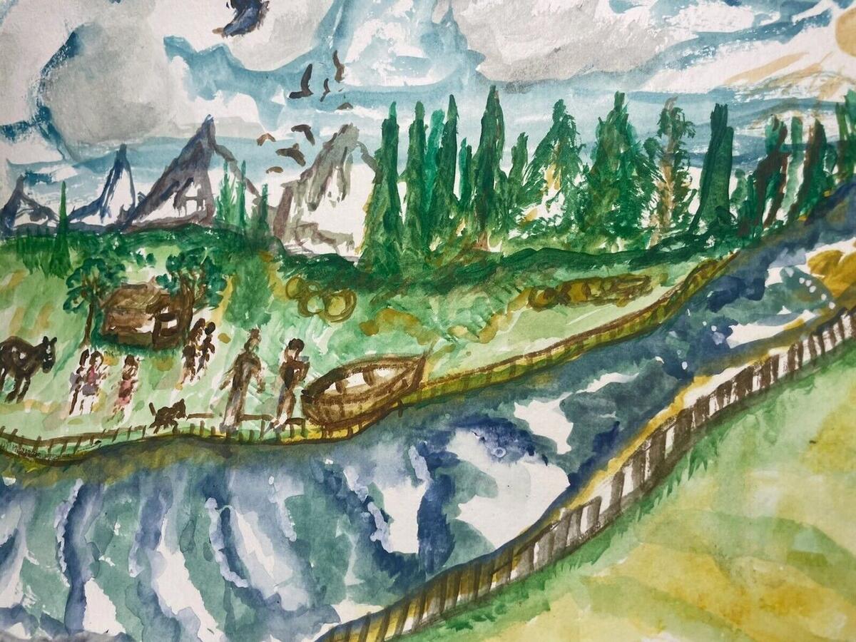 Watercolor of people, a horse and a dog walking along a fenced riverbank with a cabin, a wooden boat, evergreen trees, mountains and birds in the sky, by Barbara Ballard