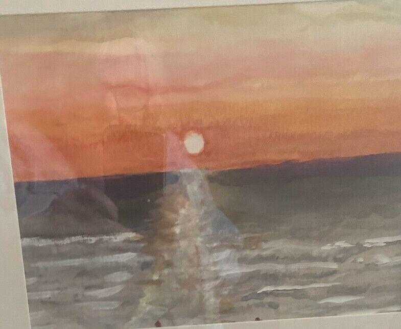 Watercolor of the sun setting over the sea with an orange and rose sky and light reflecting across grey waves, by Barbara Ballard