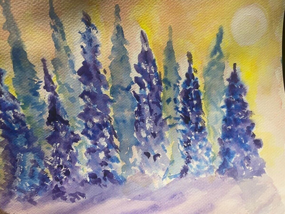 Watercolor of a row of evergreen trees in violet, blue and teal against a yellow sky with a pale moon, by Barbara Ballard