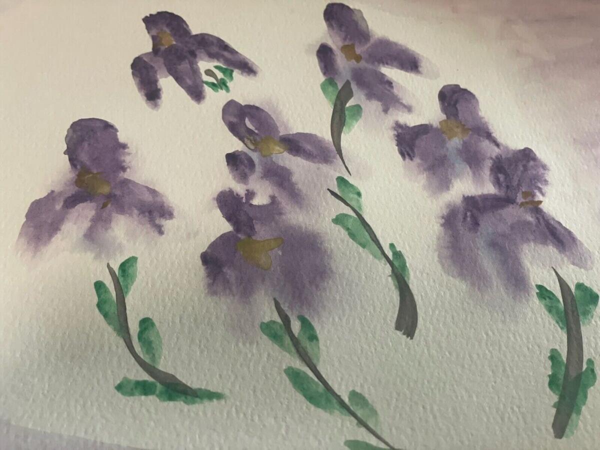 Watercolor of loose violet irises with golden centers on slender green stems against white paper, by Barbara Ballard