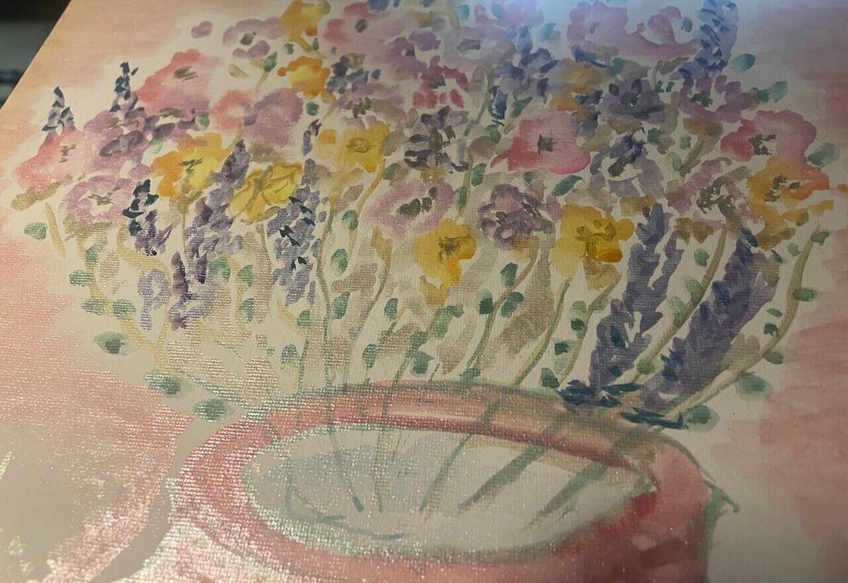 Watercolor of pink, yellow and violet wildflowers with lavender spires in a pink pot on a blush pink background, by Barbara Ballard