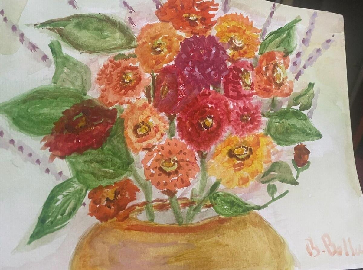 Watercolor of orange, red and magenta zinnias with green leaves and lavender sprigs in a golden pot, signed B. Ballard, by Barbara Ballard